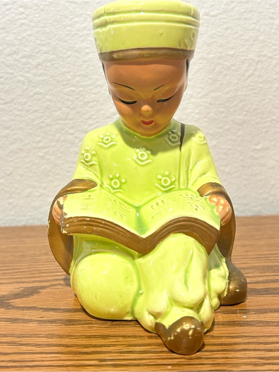 Kreiss Other - 1950’s Glazed Ceramic Lime Green Asian Boy Reading